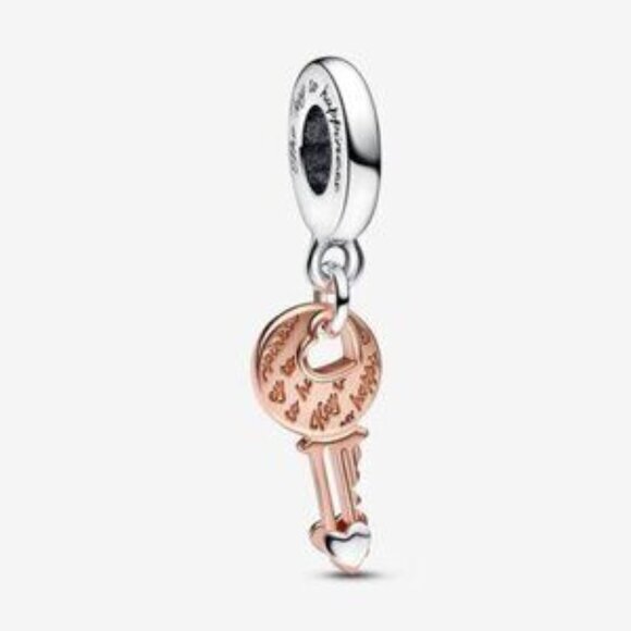 Pandora Two-tone key & Sliding Heart Dangle Charm - Picture 1 of 4